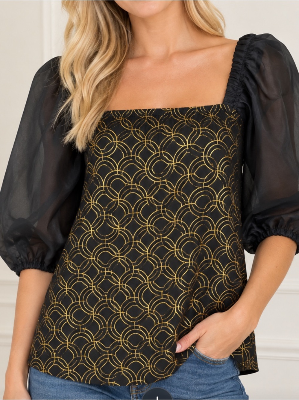 Alex & Parker Black & Gold Puff Sleeve Square Neck Top NWT